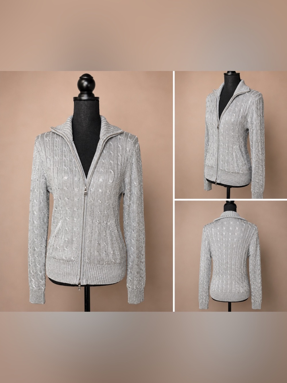 Ralph Lauren Silver Metallic Cable-Knit Zip Cardigan